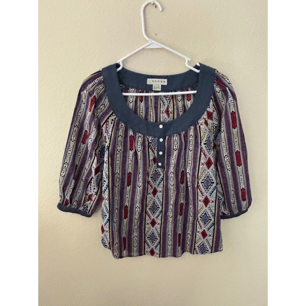 Roper Womens Southwestern Geometric Stripe 3/4 Sleeve Cotton Blouse S A1091
